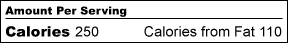 Calories from Fat section of label, also showing total calories.